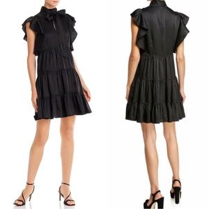 Cinq à Sept Rebecca Satin Ruffle Tiered Bow Tie Flutter Sleeves Mini Dress 12